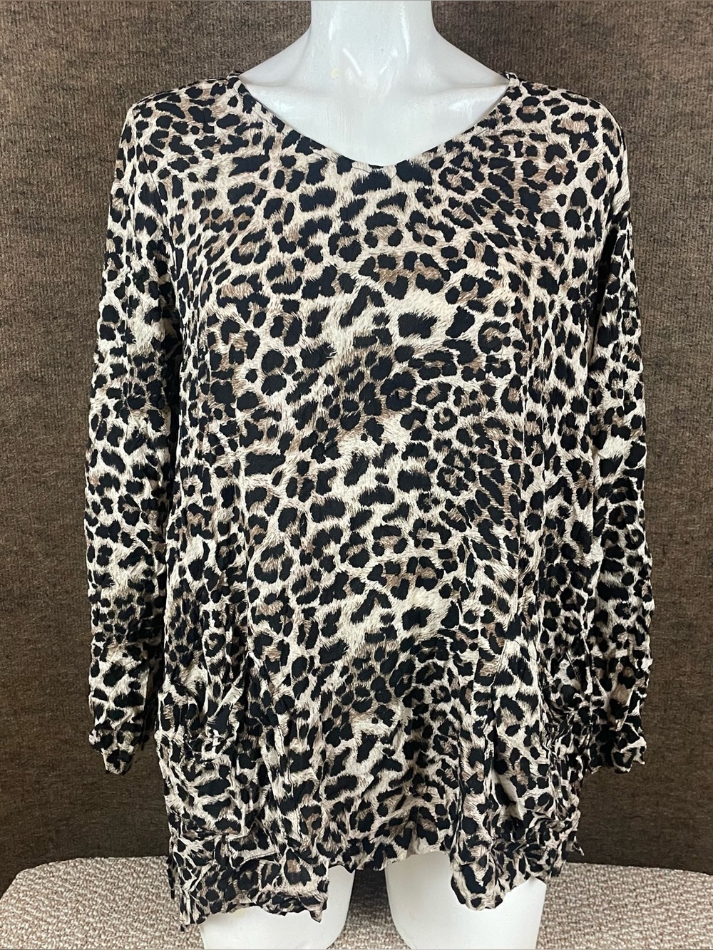 Comfy USA Tunic Top Women’s XS Oversized Lagenlook Artsy Pockets Black Brown E22